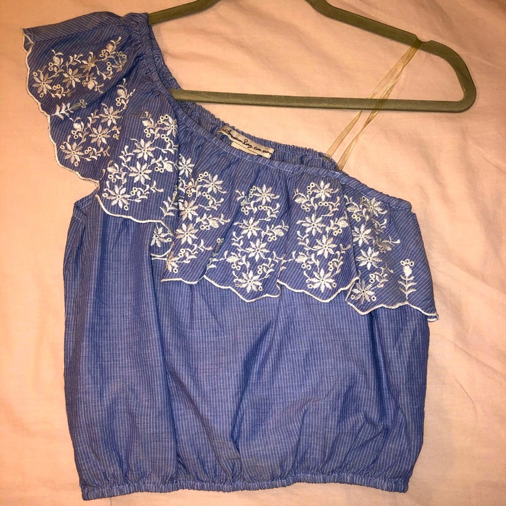 American Rag One Shoulder Ruffle Blue Crop Top